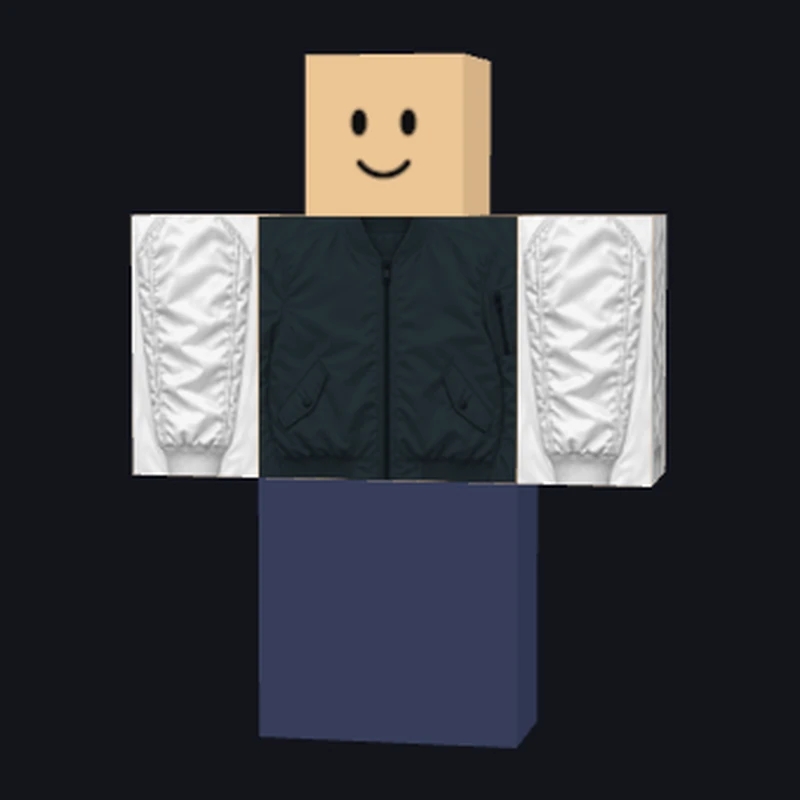 RoShirtMaker style reference showing a dark bomber jacket with white sleeves on a Roblox avatar